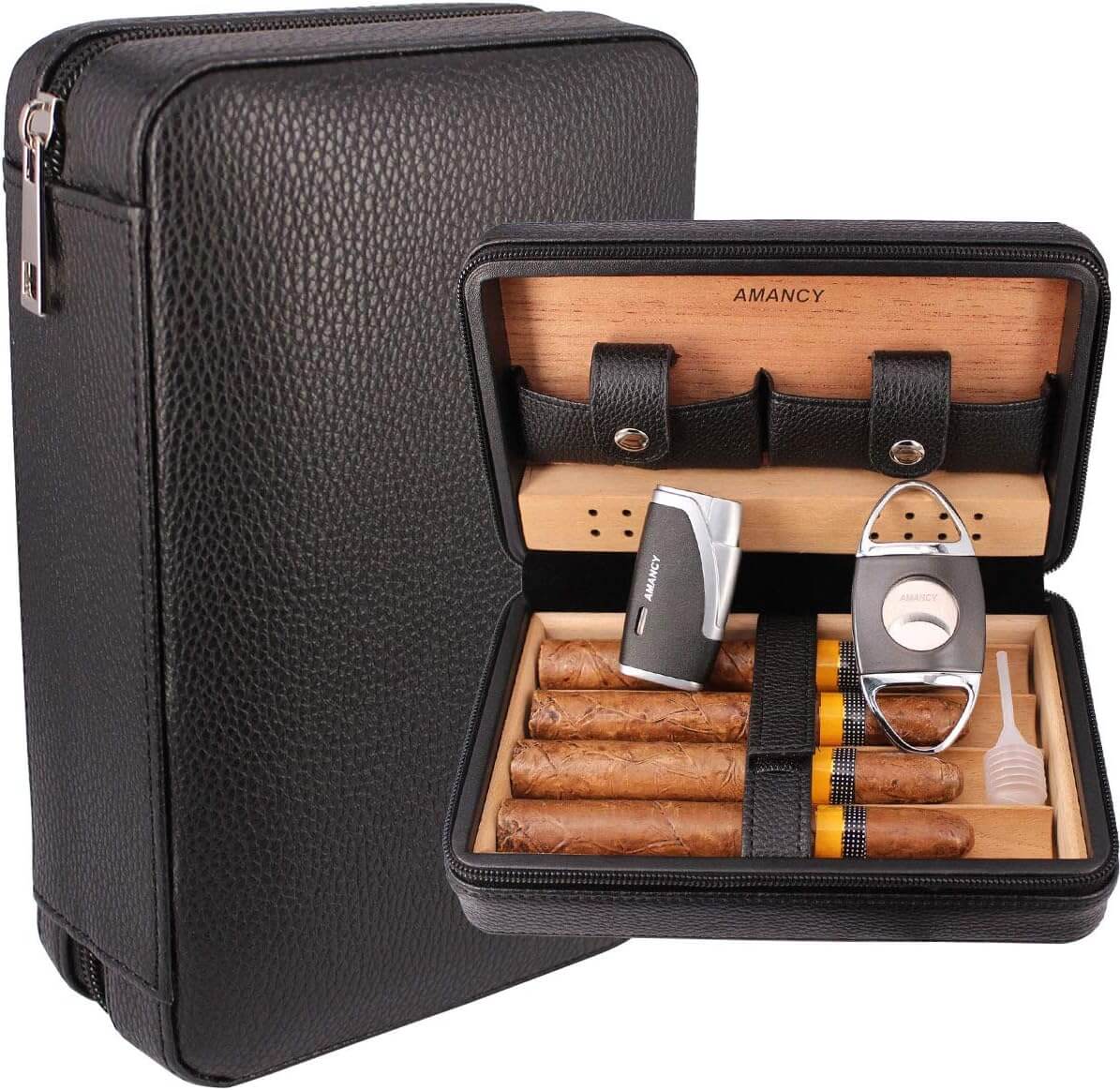 AMANCY Classic Leather 4 Cigar Travel Case Humidor
