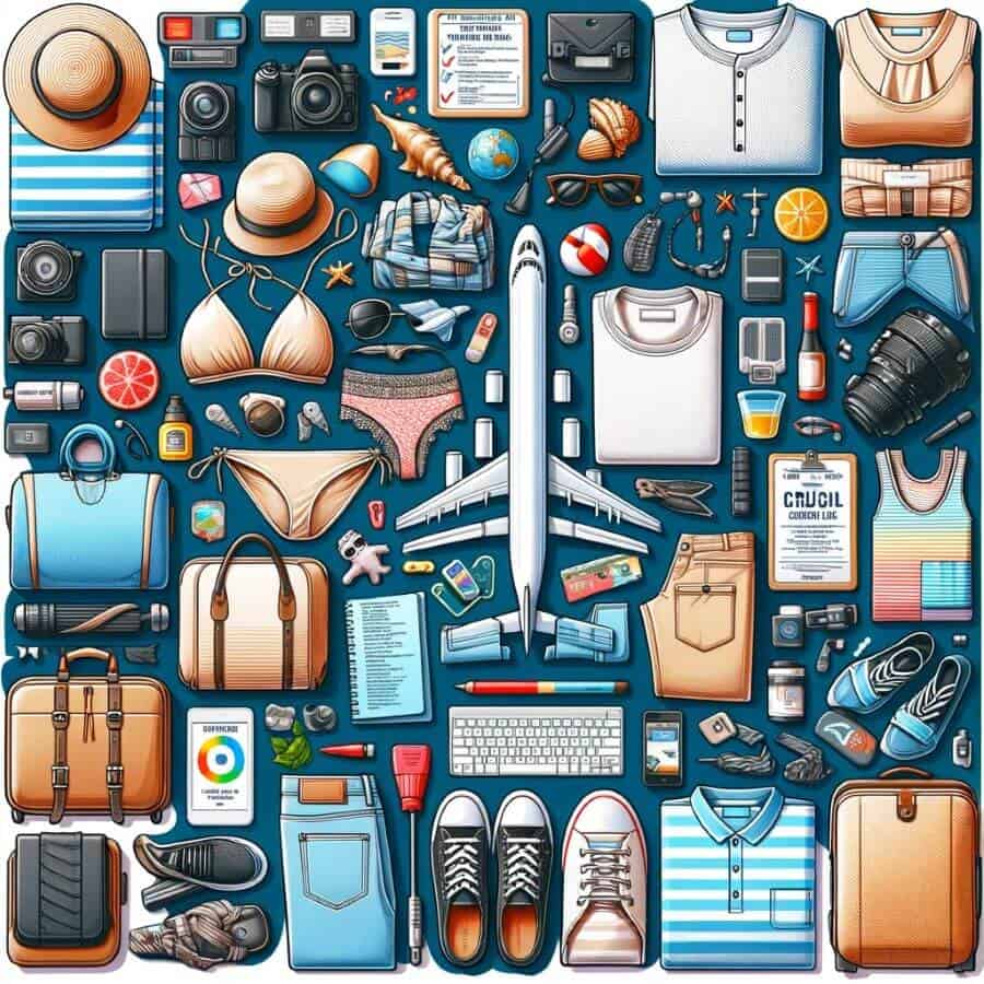 A visual representation of a detailed packing list for a Bahamas cruise, featuring various travel items like clothing, accessories, and essentials