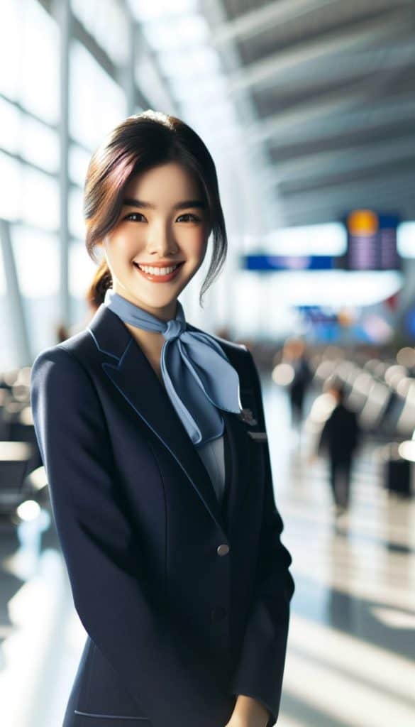 A young woman with a bright smile, dressed in a professional flight attendant uniform, stands confidently in an airport. She has medium-length black hair