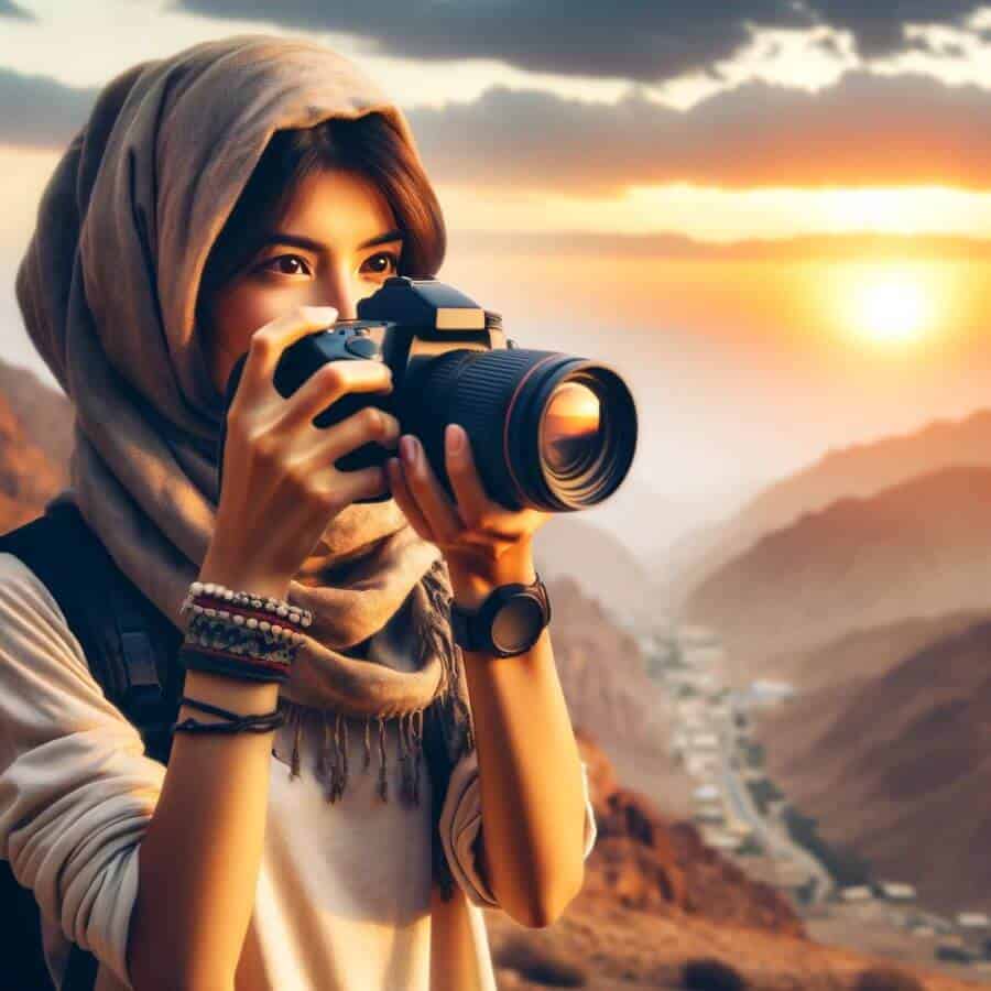 A Middle-Eastern female photographer with shoulder-length hair, holding a camera and capturing a stunning sunset. This image represents the career of a travel photographer.