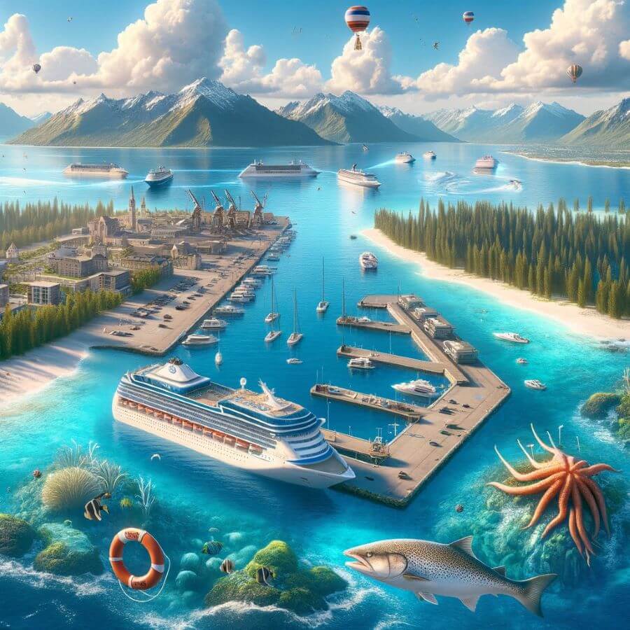 A realistic image for 'Best Cruise Ports for Fishing'. The image should depict a beautiful cruise port with a backdrop of clear blue waters and abundance