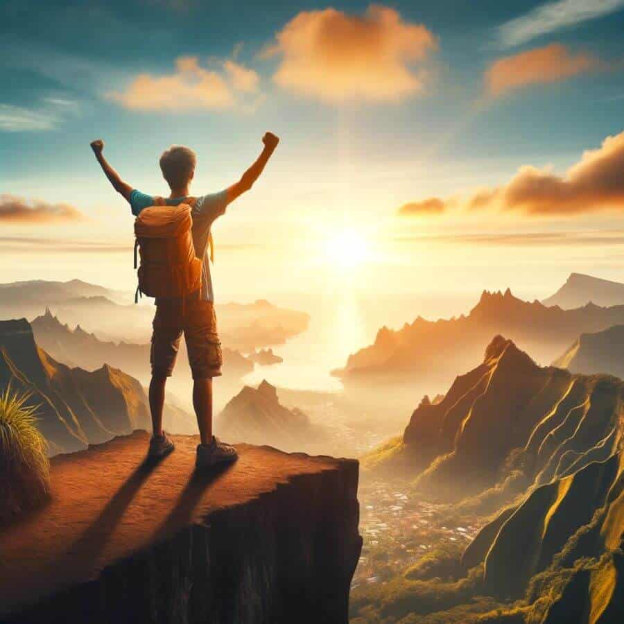 A triumphant solo traveler standing at the edge of a cliff, arms raised, symbolizing empowerment and achievement through solo travel.