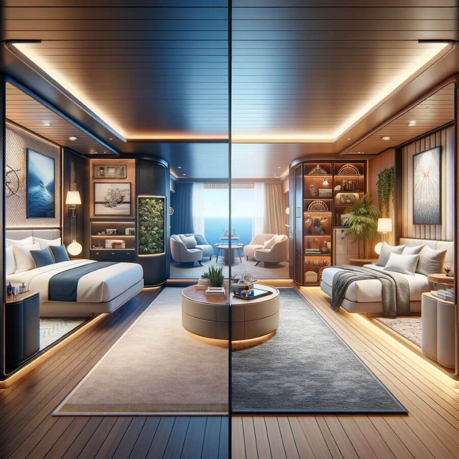 A realistic image illustrating the cabin categories and design differences between Celebrity Cruises and Princess Cruises. The scene is divided into two