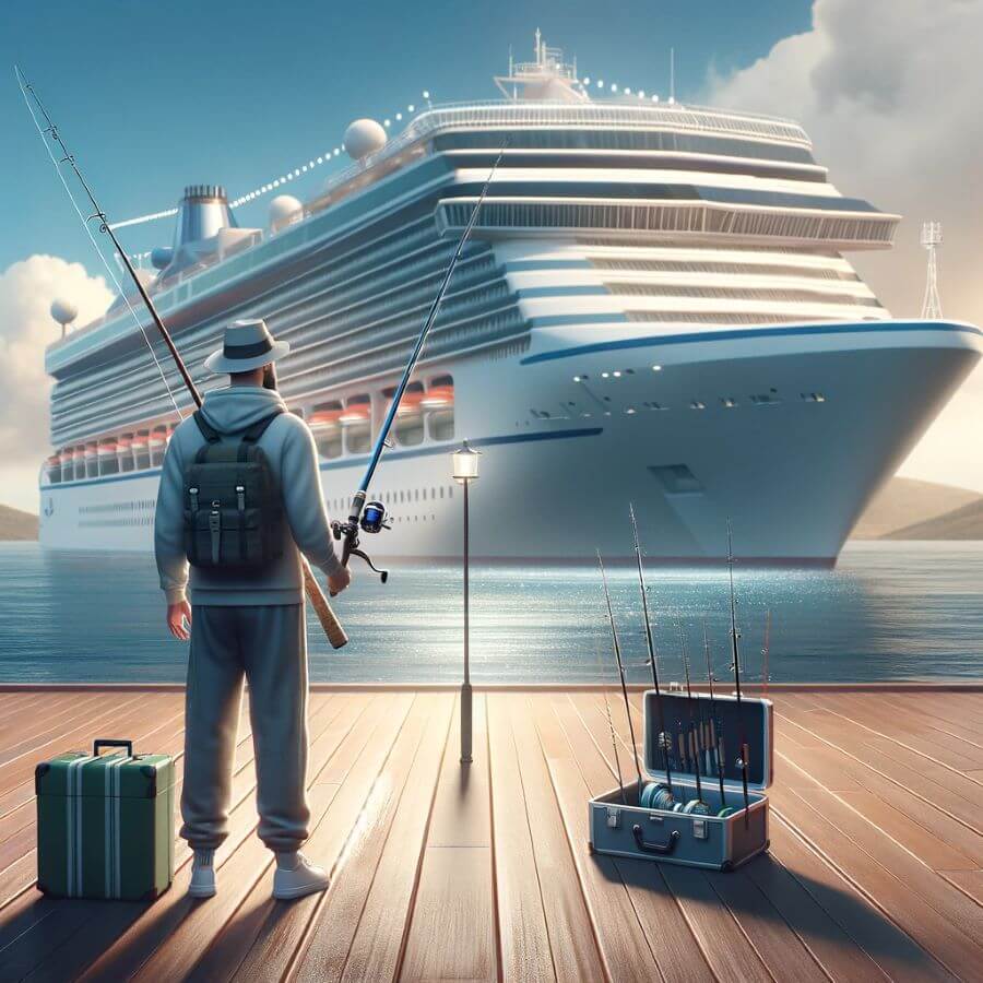 A realistic image for 'Can You Bring Your Own Fishing Gear on a Cruise Ship'. The image should depict a person holding a fishing rod and tackle box ready to embark on his cruise