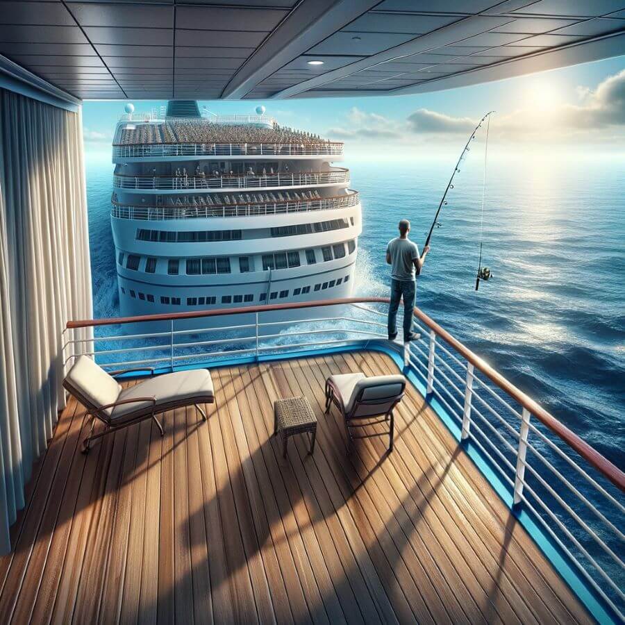 A realistic image depicting the concept of fishing off a cruise ship balcony. The image should show a person standing on a cruise ship balcony looking out and fishing.