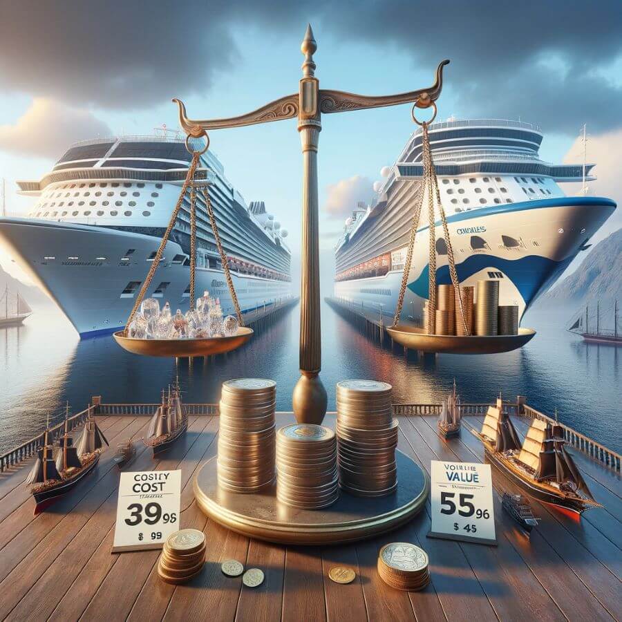 A realistic image representing the comparison of costs and value for money between Celebrity Cruises and Princess Cruises.