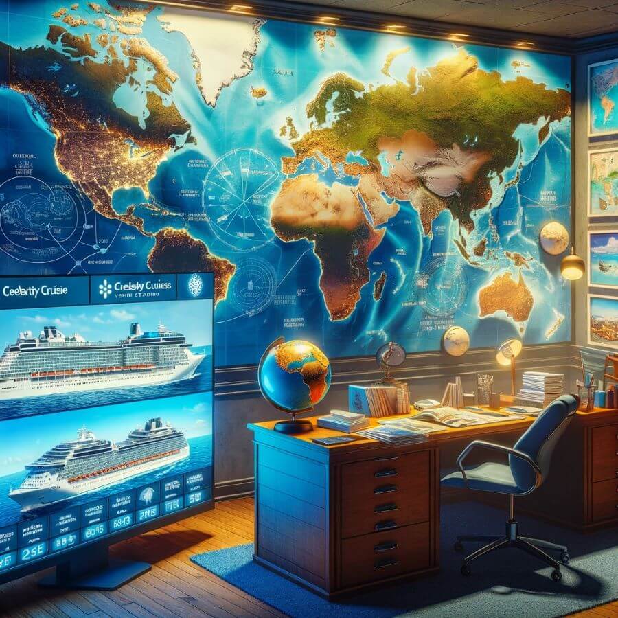 A realistic image representing the cruise line itineraries of Celebrity Cruises and Princess Cruises. The scene is set in a travel planner's office