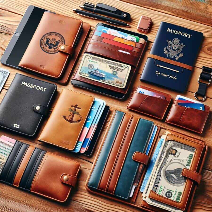 A collection of document organizers for cruises, including passport holders and travel wallets. The image should display a variety of stylish Travel organizers