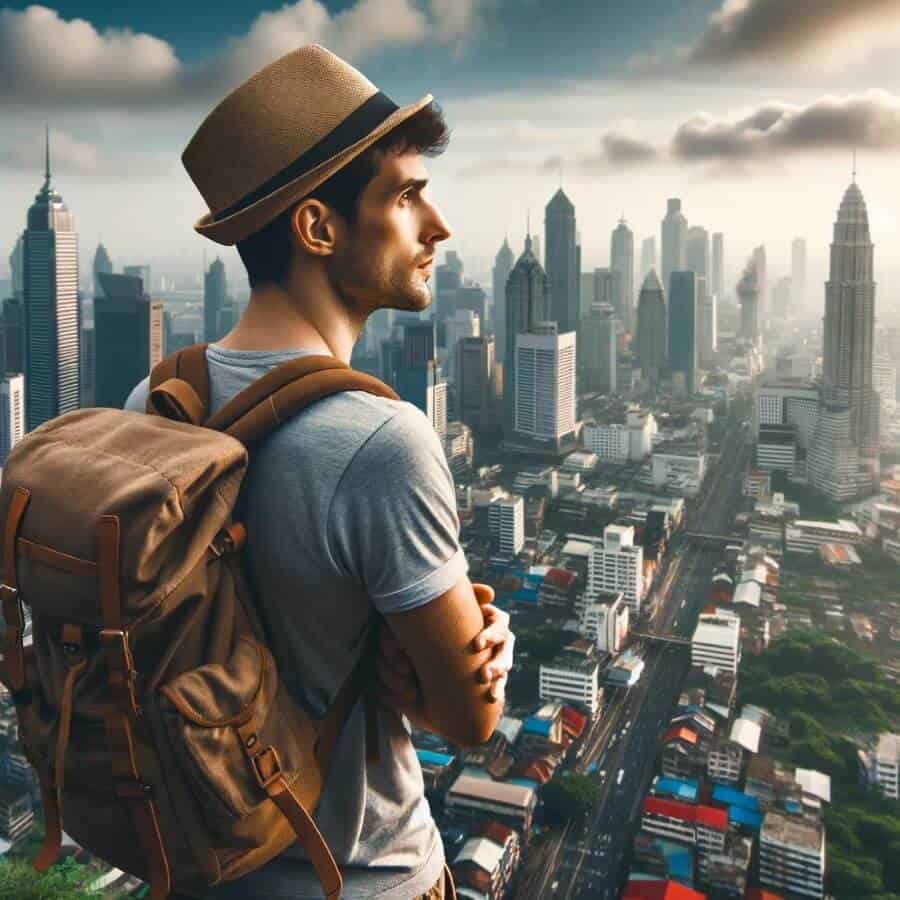 A solo traveler with a backpack looking confidently over a cityscape from a high viewpoint, symbolizing the empowerment and achievement gained from so.