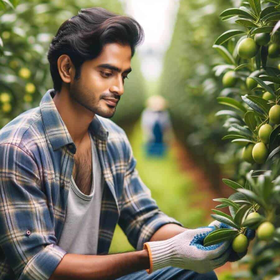 A South Asian male engaged in seasonal agricultural work, picking fruits in a lush green orchard. The image captures the essence of working in nature