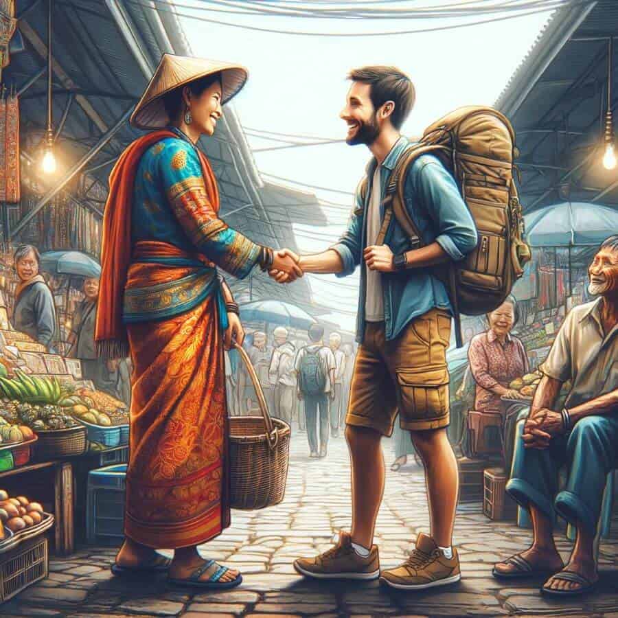 A friendly encounter in a bustling market, depicting a solo traveler interacting with local vendors, representing enhanced social skills through solo .png