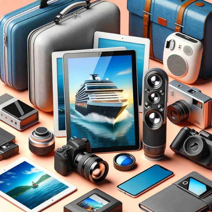 A collection of entertainment gadgets for cruises, featuring e-readers, tablets, portable speakers, and waterproof cameras.