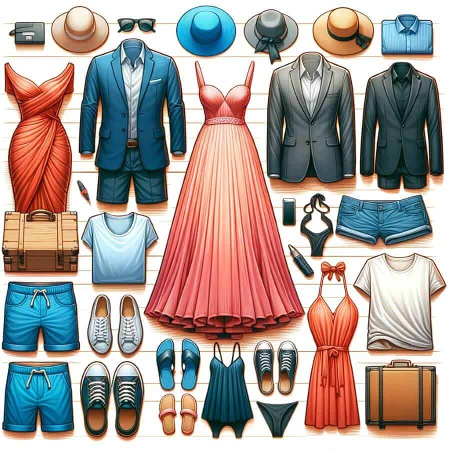An array of essential clothing for cruises including formal attire, swimwear, and casual outfits, displayed in a neat and appealing manner.
