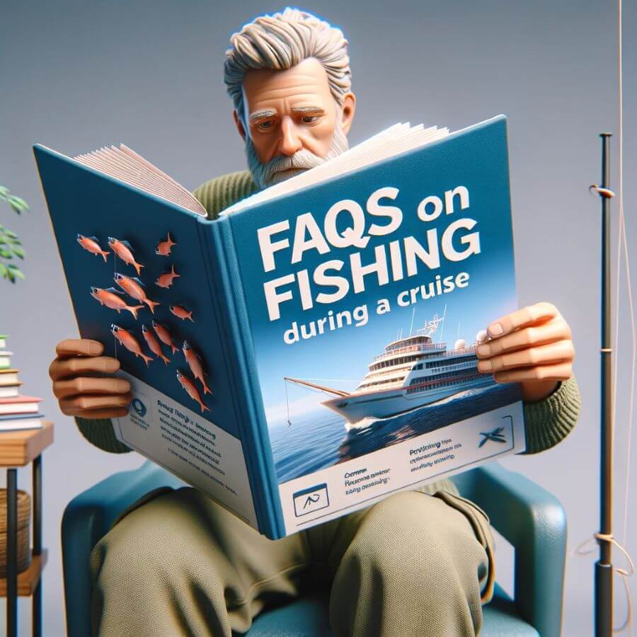 A realistic image for 'FAQs on Fishing During a Cruise'. The image should depict a person reading a brochure or information board about fishing on a cruise ship