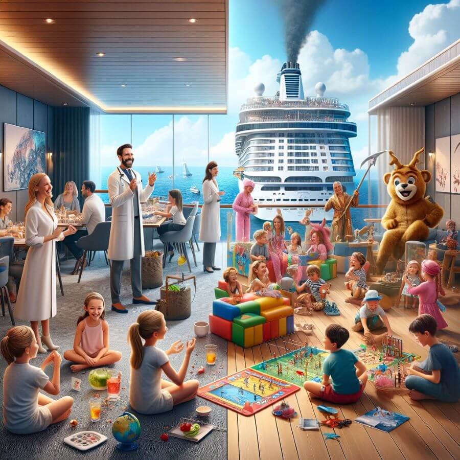 A realistic image depicting family-friendly activities and programs offered by Celebrity Cruises and Princess Cruises. The scene is split into two sections