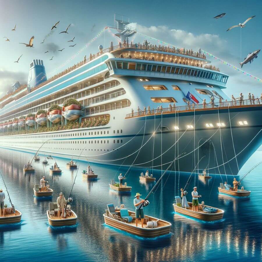 A realistic image for 'Fishing Cruises'. The image should depict a cruise ship adorned with fishing-themed decorations, symbolizing a cruise specific theme