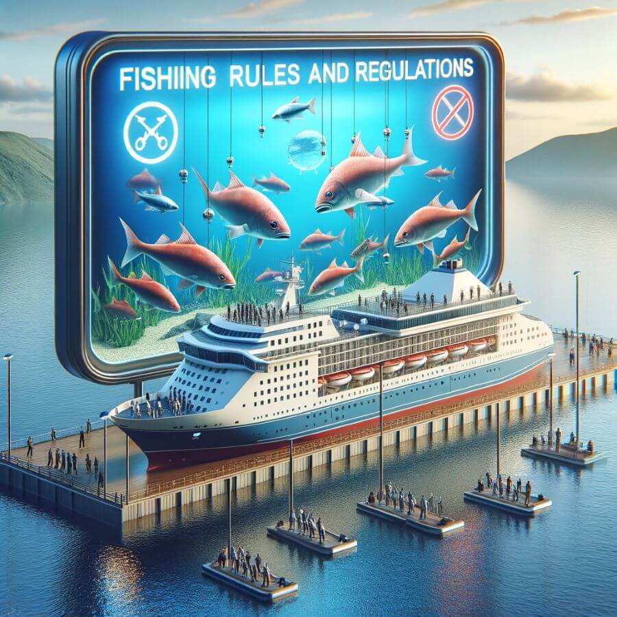 A realistic image representing 'Fishing Rules and Regulations on Cruise Ships'. The image should show a cruise ship with visible signage or a display monitor