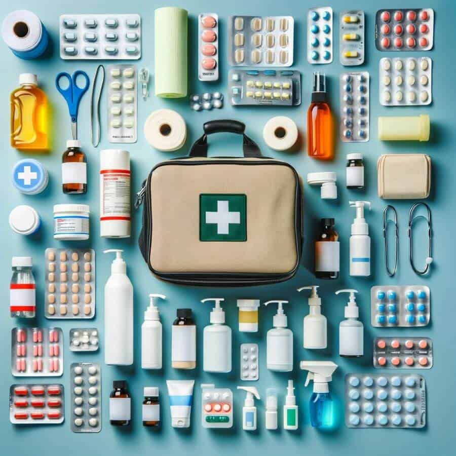An assortment of health and safety essentials for cruises, including first aid kits, various medications, and sanitizing supplies.