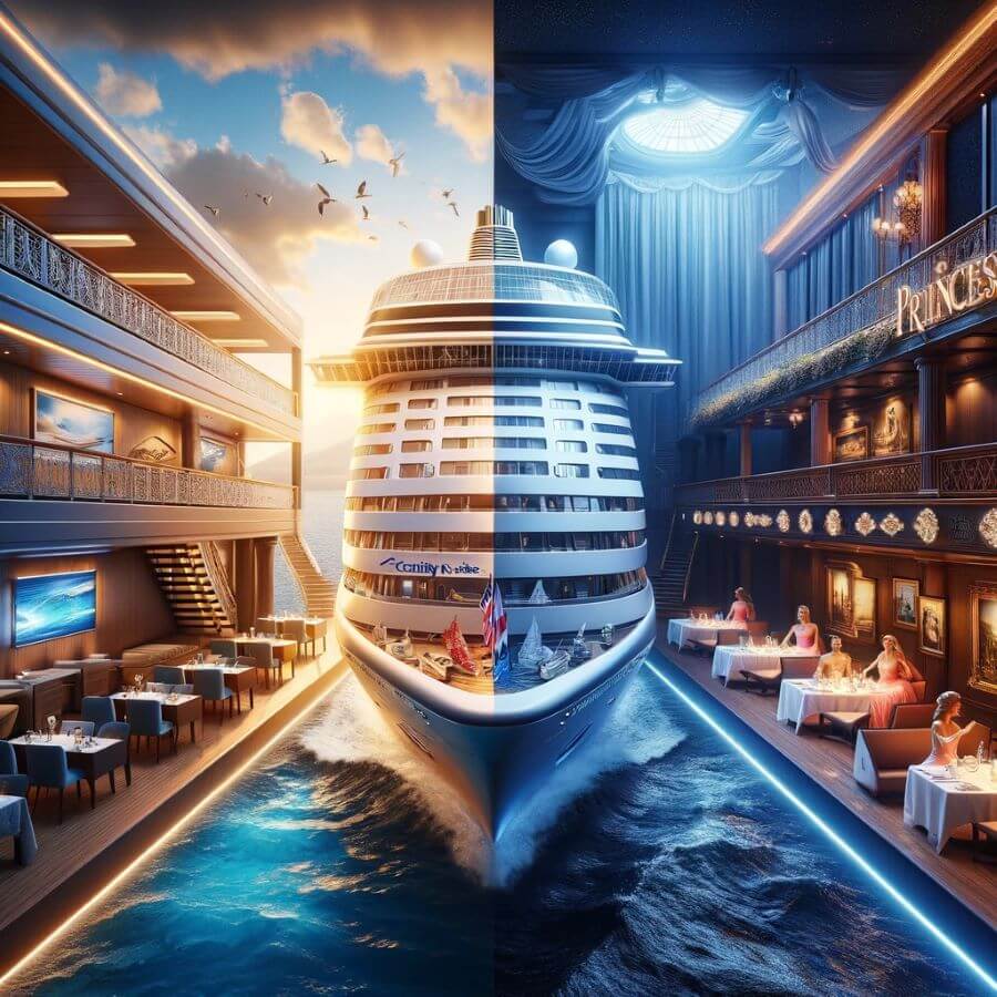 A realistic image illustrating how Celebrity Cruises and Princess Cruises balance tradition and modern trends. The scene is divided into two contrasting settings
