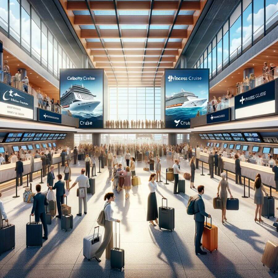 A realistic image depicting how Celebrity Cruises and Princess Cruises handle the start of a passenger's journey. The scene is set in a bustling cruise