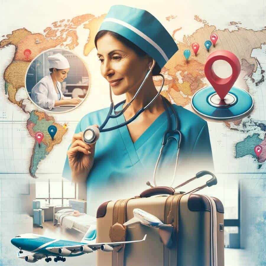 A collage representing the life of a travel nurse. The image includes a nurse in scrubs with a stethoscope around her neck, looking at a world map