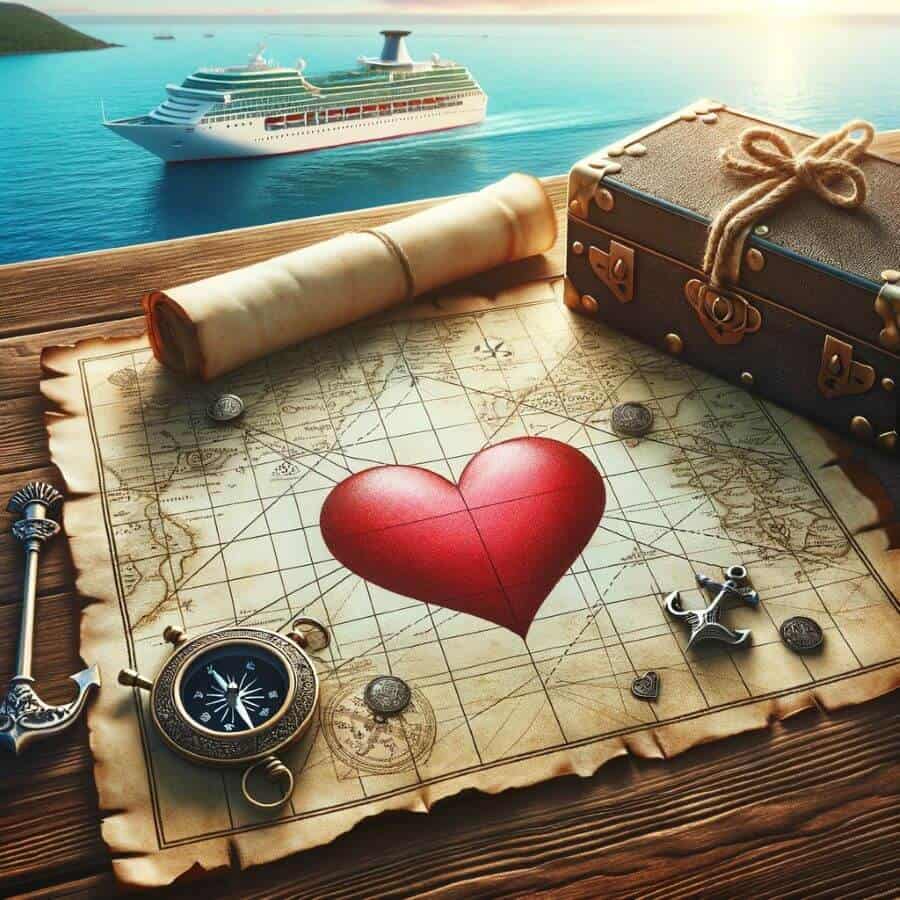 A treasure map with a heart symbol, symbolizing the adventure and opportunity of finding romance on a cruise ship.