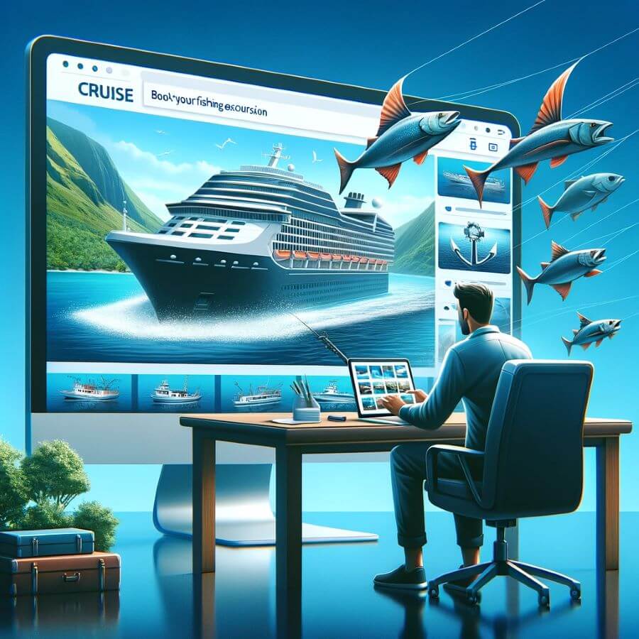 A realistic image for 'How to Book Your Fishing Excursion on a Cruise'. The image should depict a person looking at a cruise ship brochure or screen