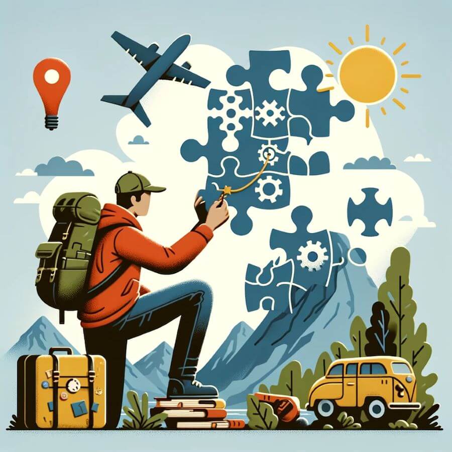 A solo traveler solving a puzzle on a journey, representing improved problem-solving skills developed through solo travel.