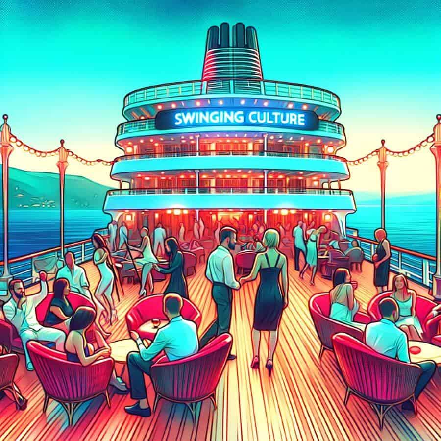 A vibrant social scene on a cruise ship, illustrating the lively atmosphere where swinging culture might be subtly present.