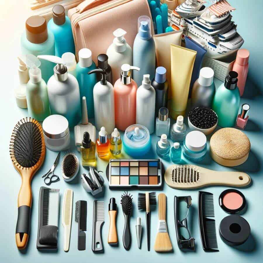 A range of personal care products for cruises, including skincare items, hair care tools, and cosmetics. The image should show an array of skincare products