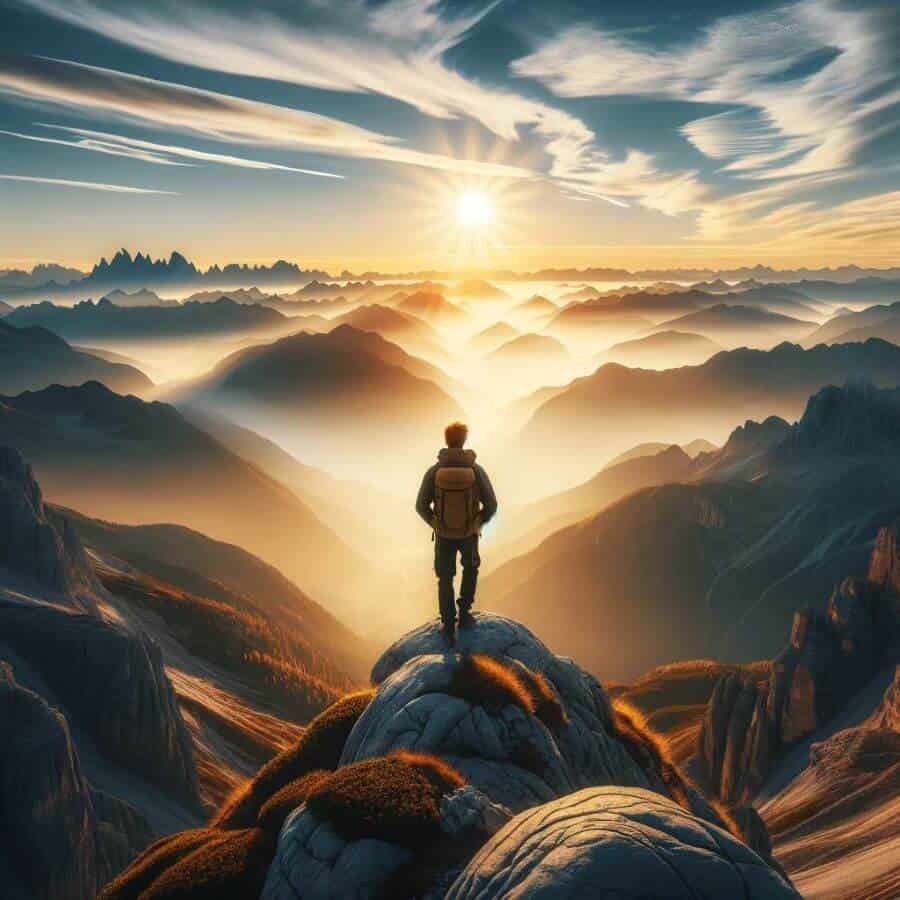An individual standing on a mountain top, looking out at the horizon, symbolizing personal growth and expanded horizons through solo travel.