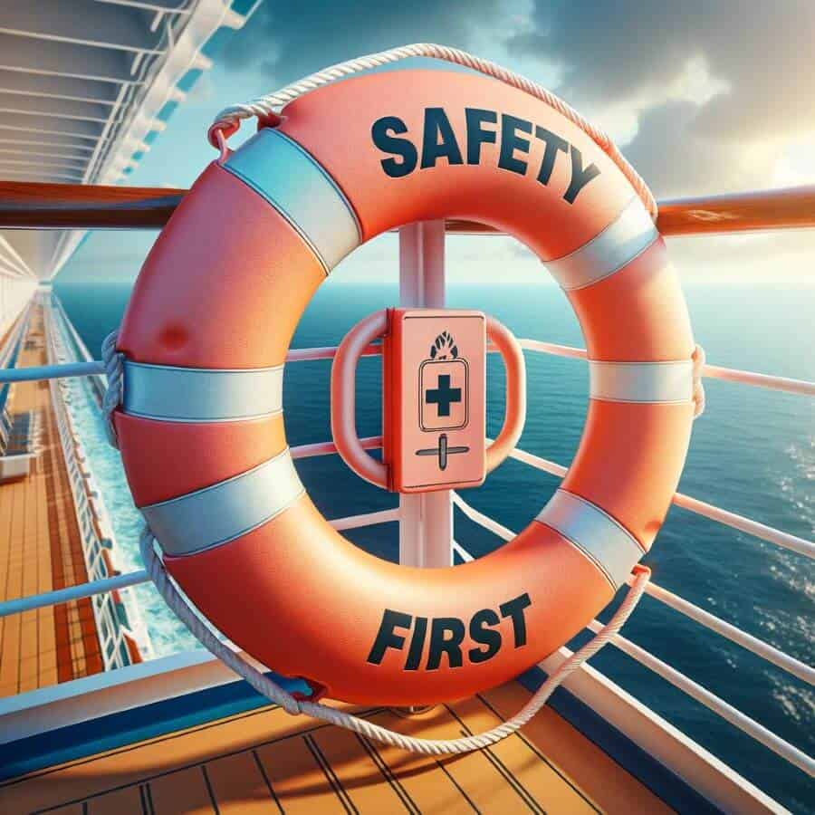 A lifebuoy with the phrase 'Safety First' on a cruise ship, symbolizing the importance of safety in cruise ship romance.