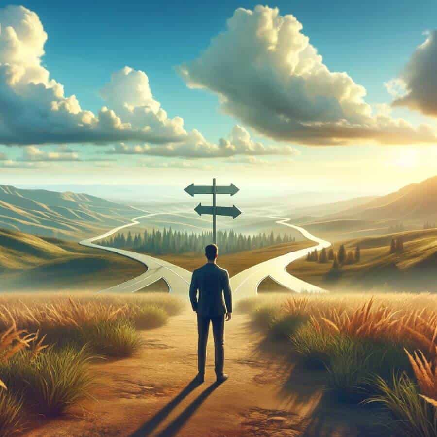 A person standing at a crossroads in a scenic landscape, symbolizing self-discovery and decision making, with a clear sky and open paths in different.