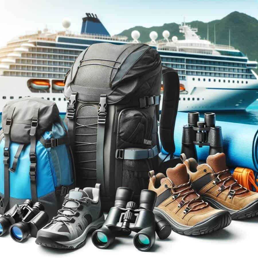 An array of shore excursion gear for cruises, showcasing backpacks, water shoes, and binoculars. The image should feature durable and stylish backpack