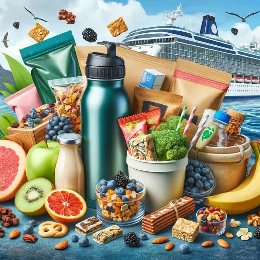A selection of snacks and refreshments for cruises, including non-perishable snacks, special dietary foods, and reusable drinkware.