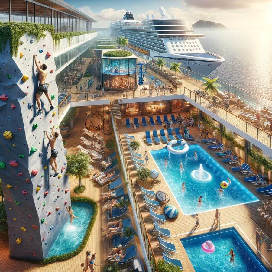 A realistic image illustrating the sports and pool deck fun on Celebrity Cruises and Princess Cruises. The scene is divided into two distinct areas
