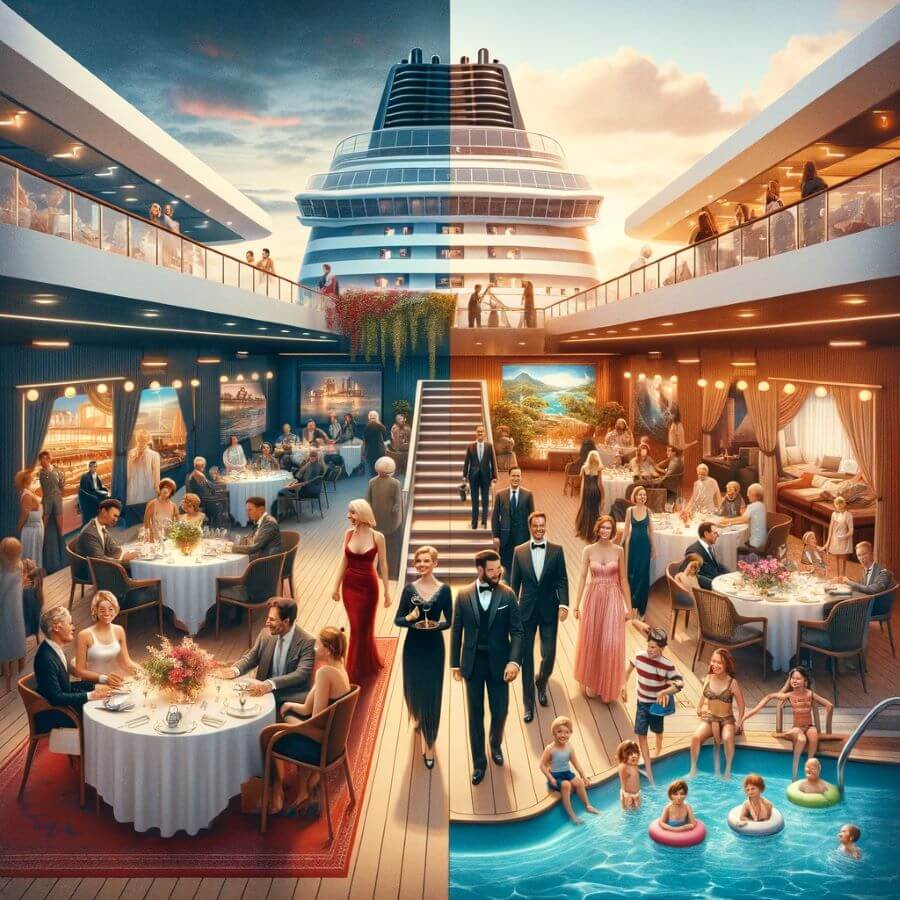 A realistic image depicting the target audience and brand atmosphere of Celebrity Cruises and Princess Cruises. The scene is divided into two parts