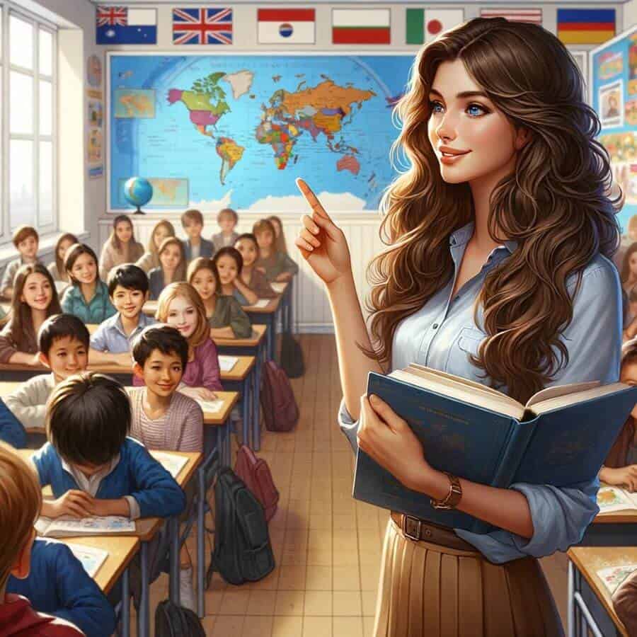 An image showcasing the enriching experience of teaching English abroad. The scene depicts a young Caucasian woman with long, wavy brown hair, standin.