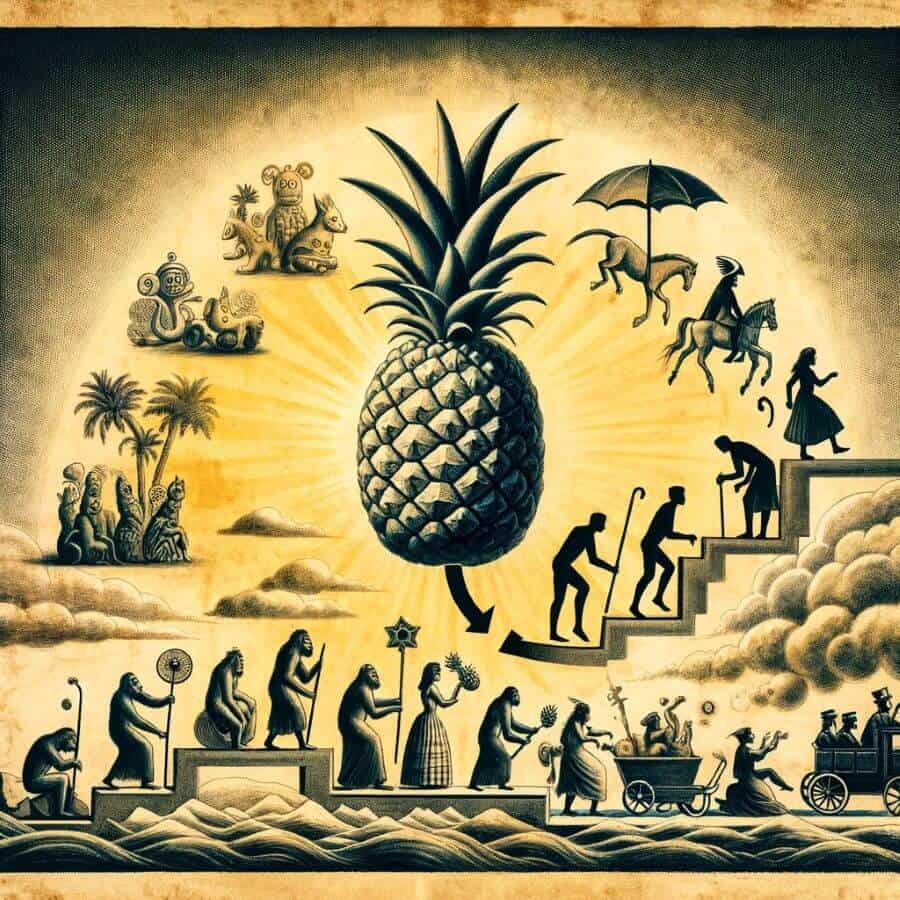 An artistic portrayal of the historical evolution of the upside-down pineapple symbol, from its origins as a sign of hospitality to its contemporary meaning.