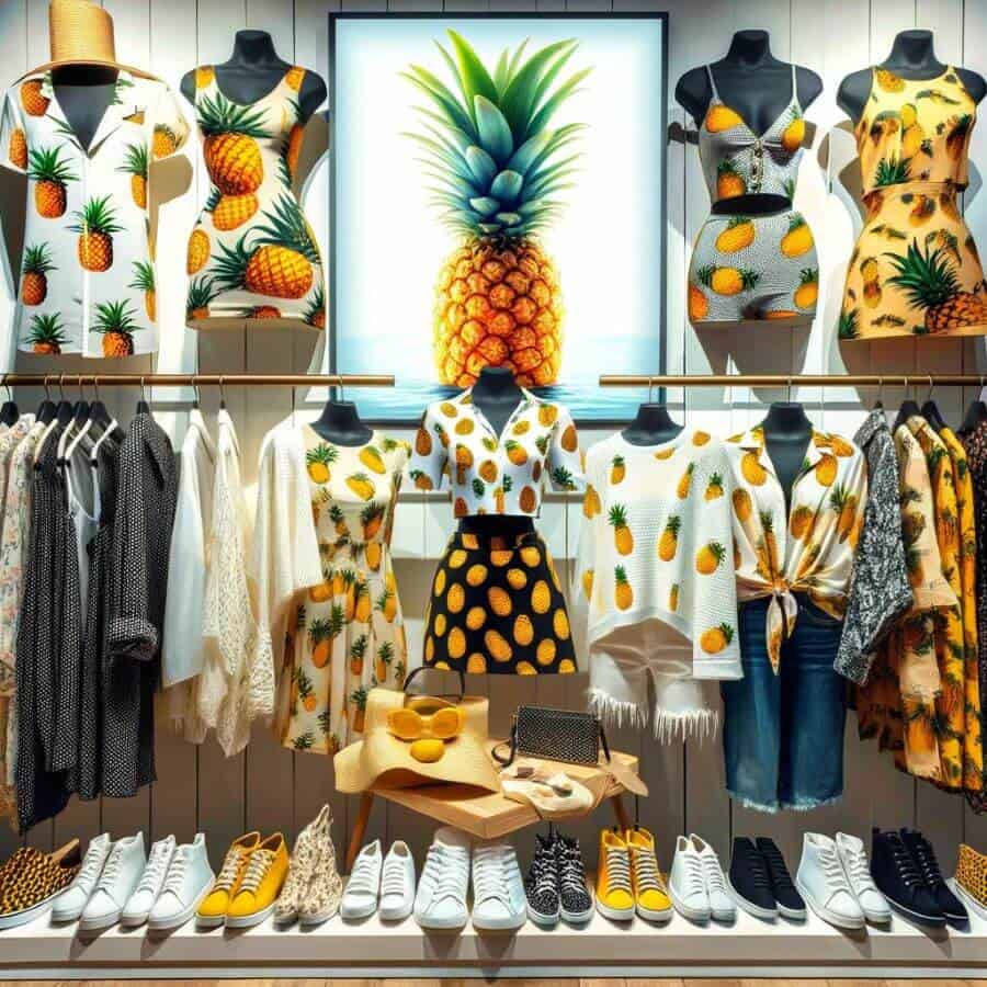 A fashion display featuring various clothing items with pineapple prints, illustrating the potential misconceptions around wearing such prints