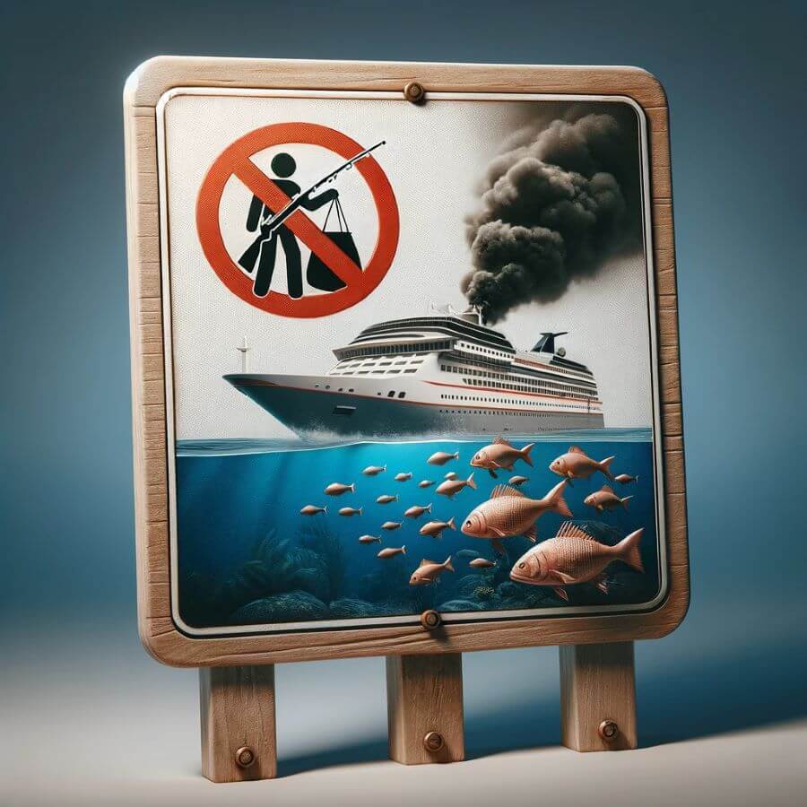 A realistic image for 'The Serious Implications of Illegal Fishing on Cruise Ships'. The image should depict a warning sign with symbols of fishing and pollution