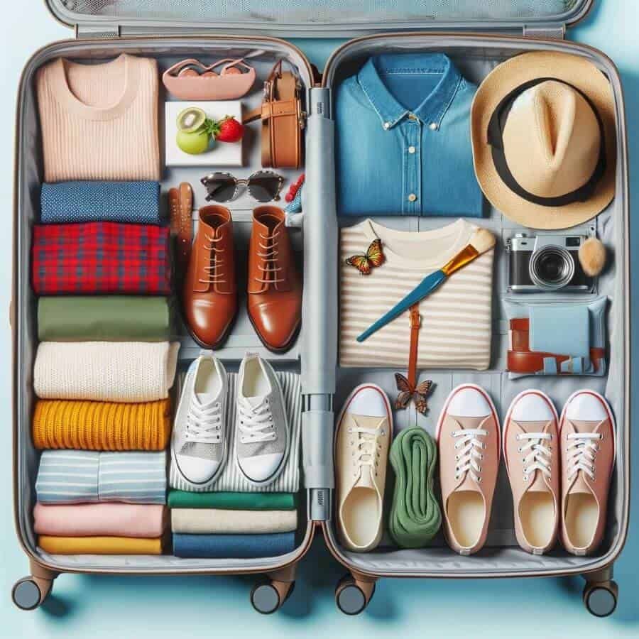 A neatly organized suitcase with clothes, shoes, and travel accessories, demonstrating the concept of efficient packing