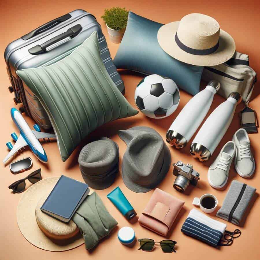 A variety of travel comfort items for cruises, showcasing travel pillows, sun protection accessories, and insulated water bottles.