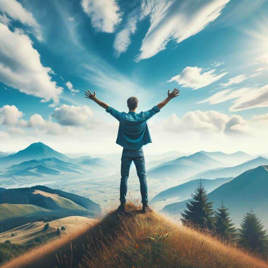 An individual enjoying complete freedom, standing on top of a hill with open arms, overlooking a vast landscape, symbolizing the freedom and joy of so.