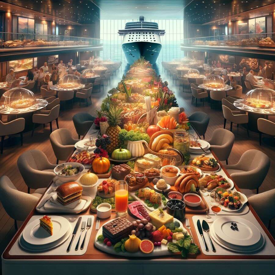 A realistic image showcasing the variety and quality of food options offered by Celebrity Cruises and Princess Cruises. The scene is divided into two