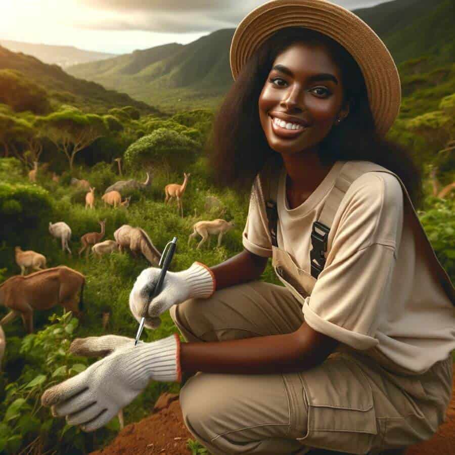 A Black female actively participating in a wildlife conservation project in a natural setting. She is surrounded by lush greenery and wildlife.