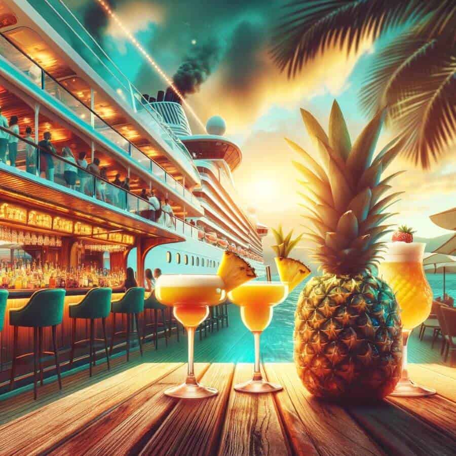 A tropical bar scene on a cruise ship, showcasing a variety of pineapple drinks, reflecting the popularity of these beverages in a luxurious cruise setting