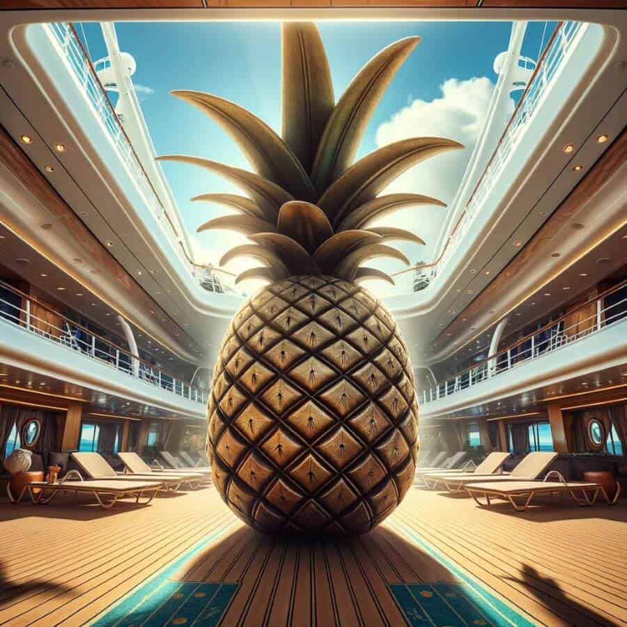 A cruise ship deck with an upside-down pineapple decoration prominently displayed, symbolizing a hidden message in a luxurious and tropical setting.