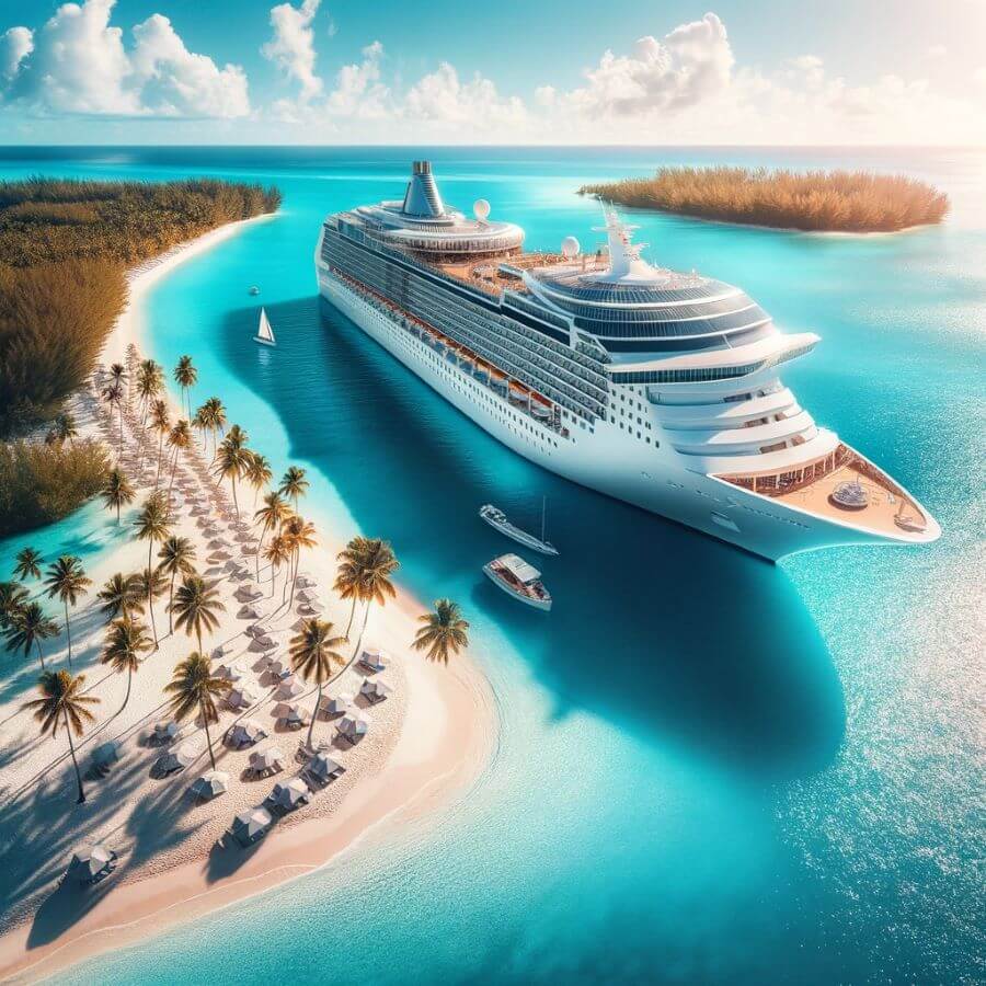 A luxury cruise ship anchored near a beautiful beach in the Bahamas, clear blue waters and palm trees in the background