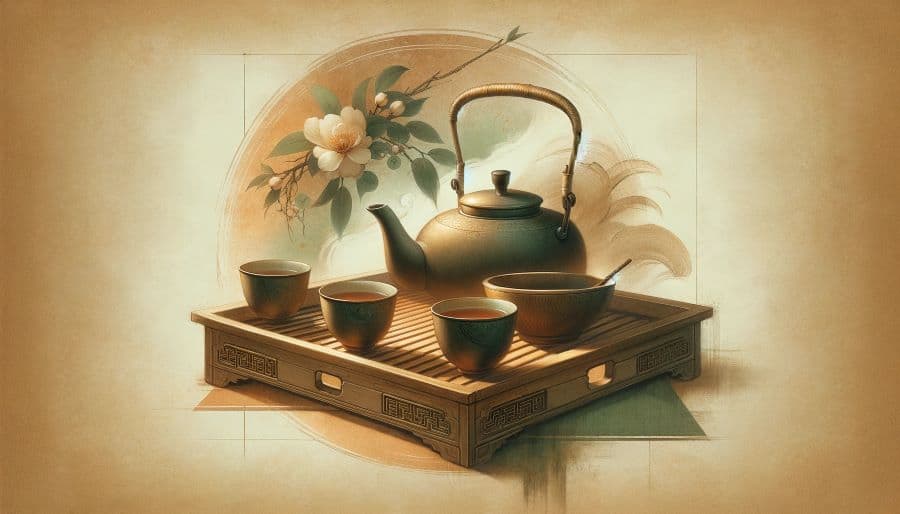 An artistic representation of a traditional Chinese tea set, featuring a teapot, cups, and a bamboo tray, set against a serene background